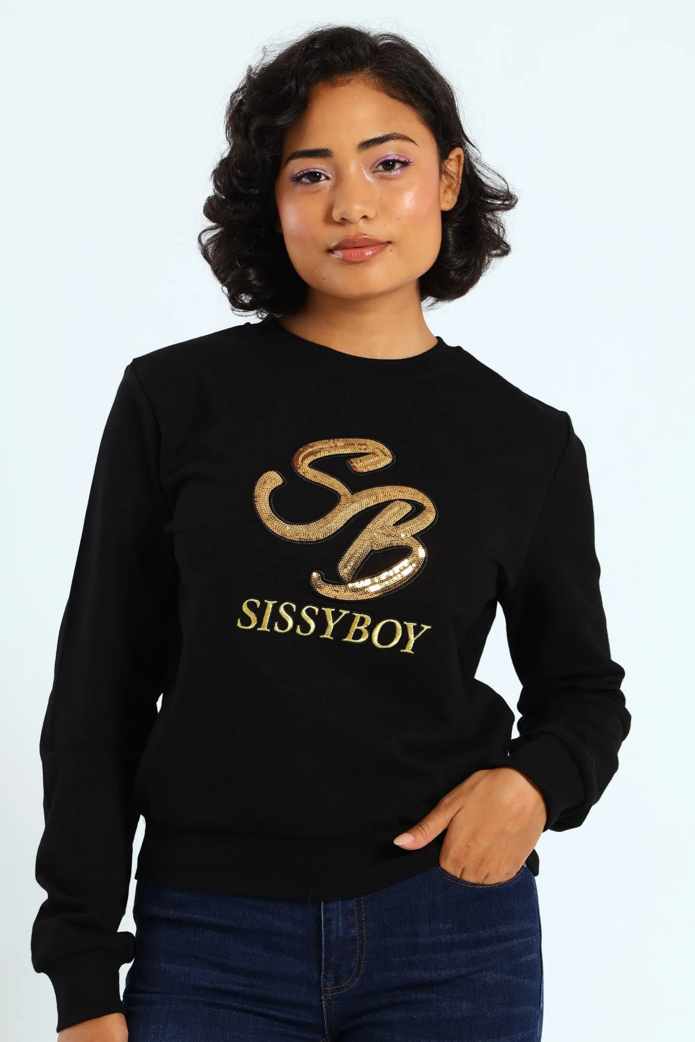 Sequin Embroidered Logo Sweat Top - Black sold by Edgars