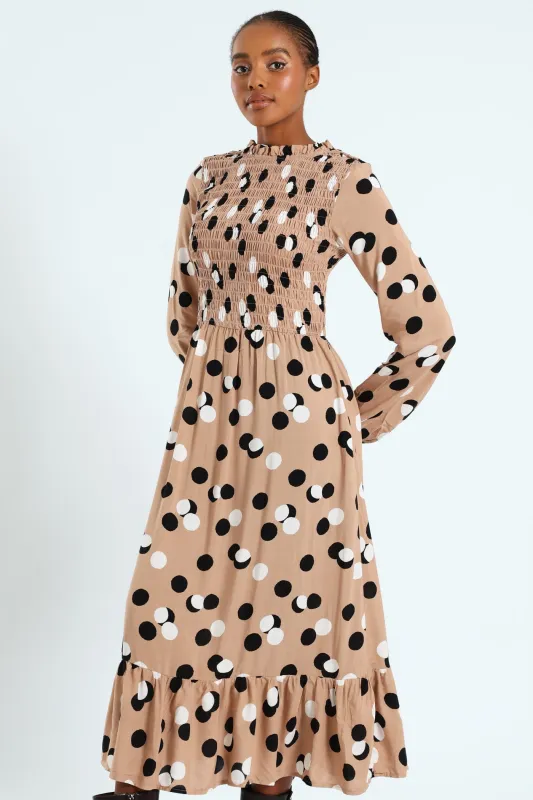Shirred Bodice Frill Midi Dress - Beige/Black sold by Edgars