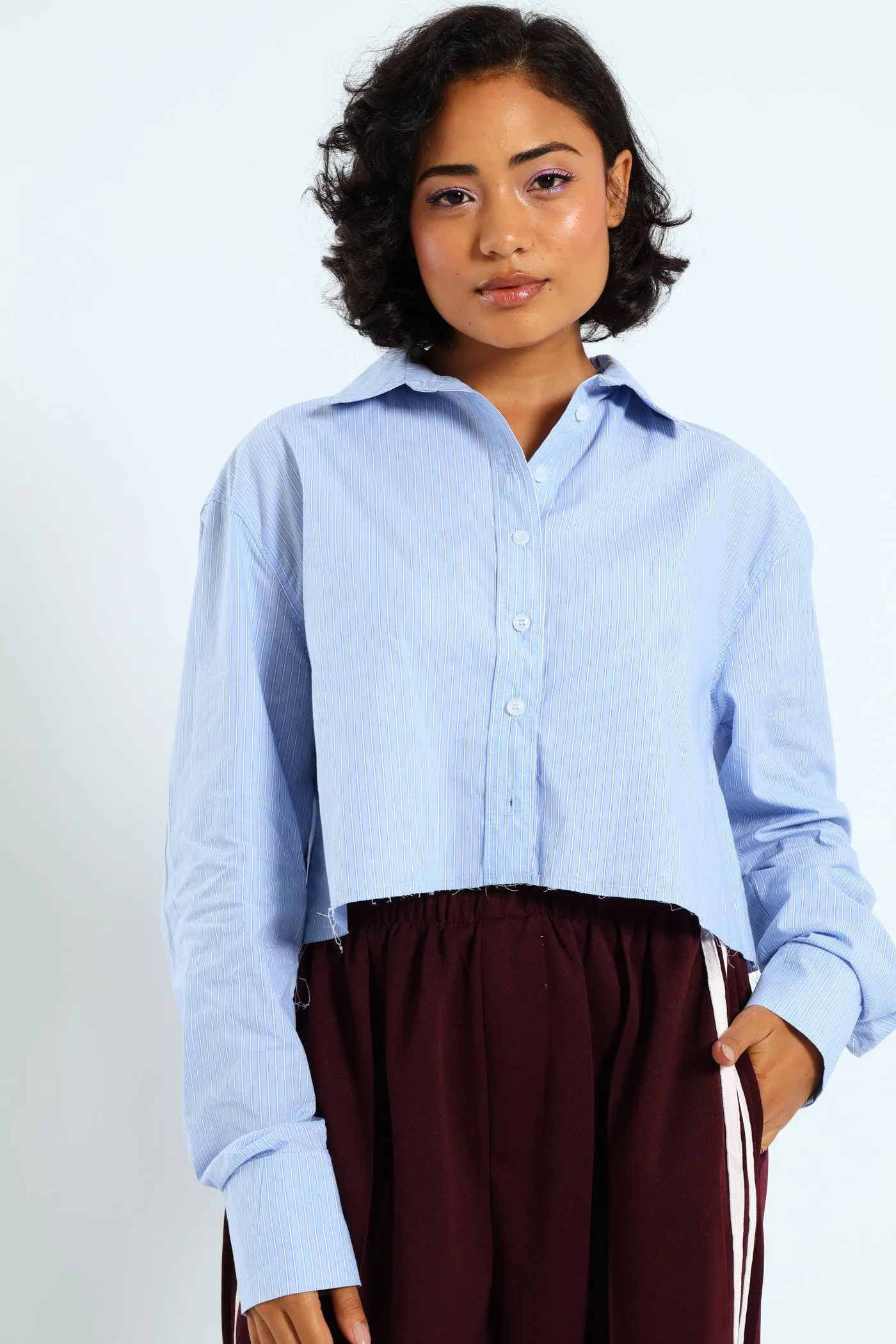 Long Sleeve Yarn Dyed Crop Shirt - Blue sold by Edgars