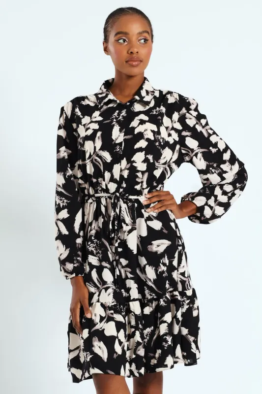 Button Through Monochrome Tiered Tea Dress sold by Edgars