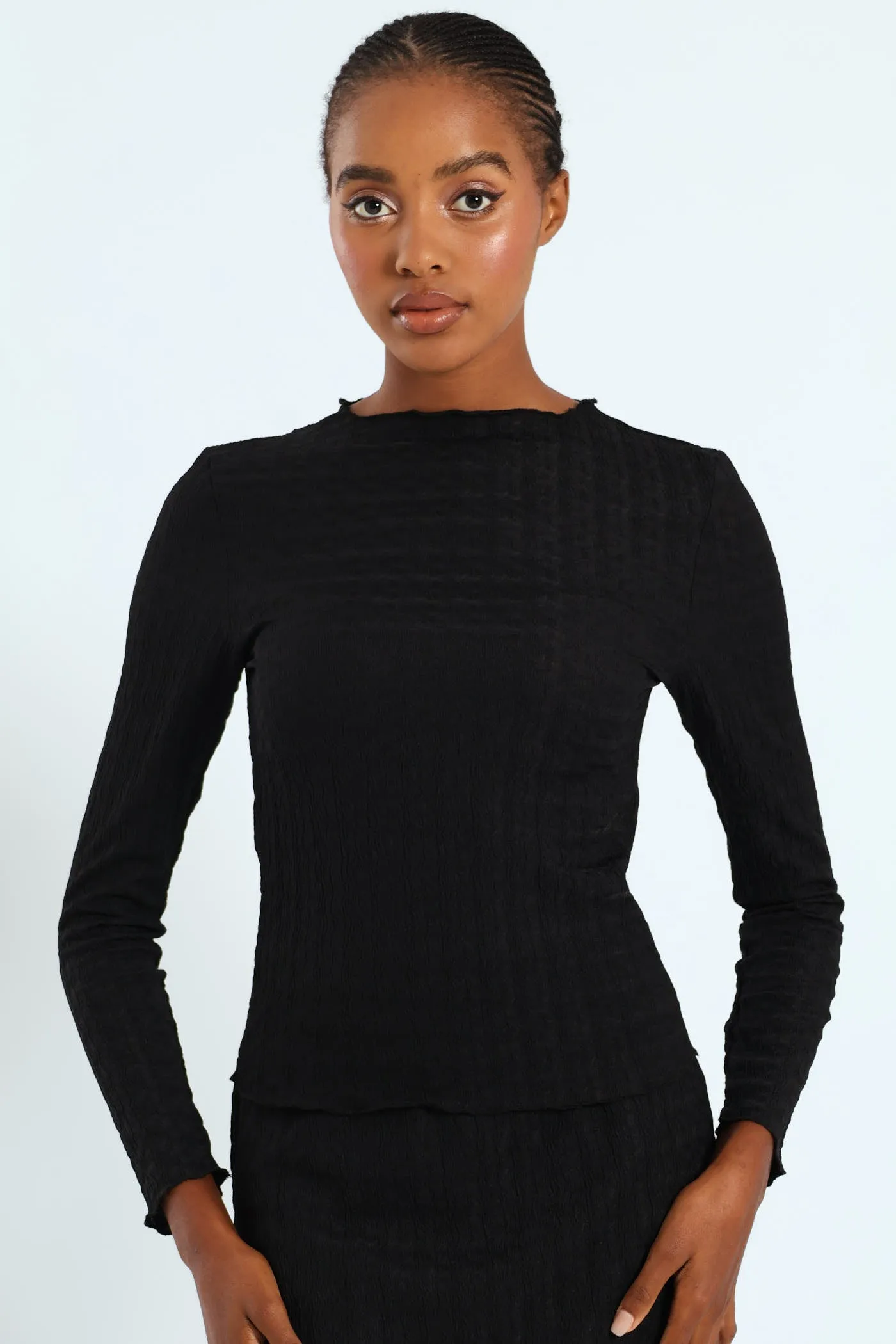 Lettuce Hem Crinkle Knit Top - Black sold by Edgars
