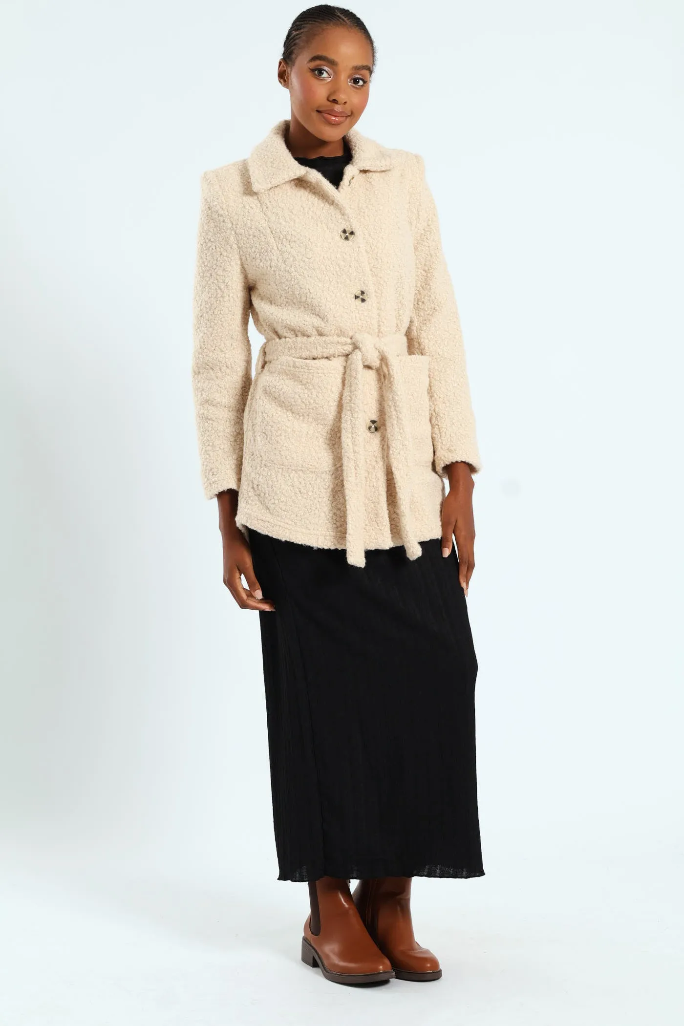Belted Button Through Boucle Shacket - Stone sold by Edgars product image thumbnail 5