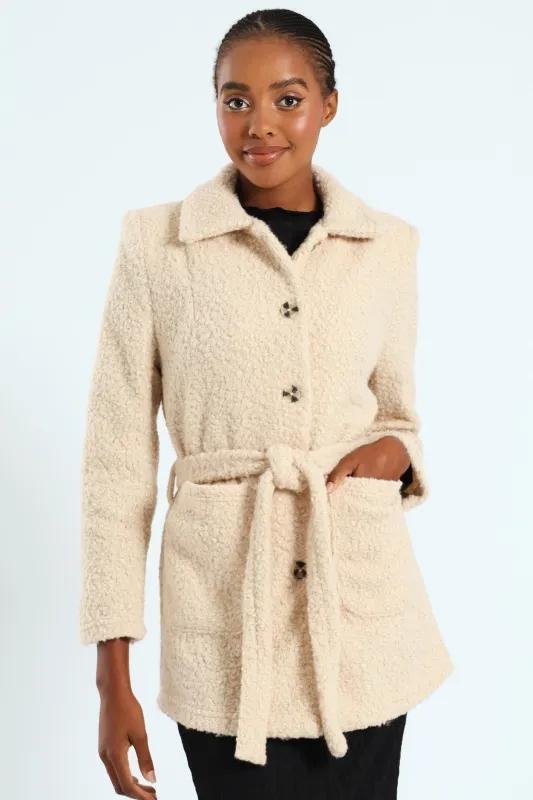 Belted Button Through Boucle Shacket - Stone sold by Edgars