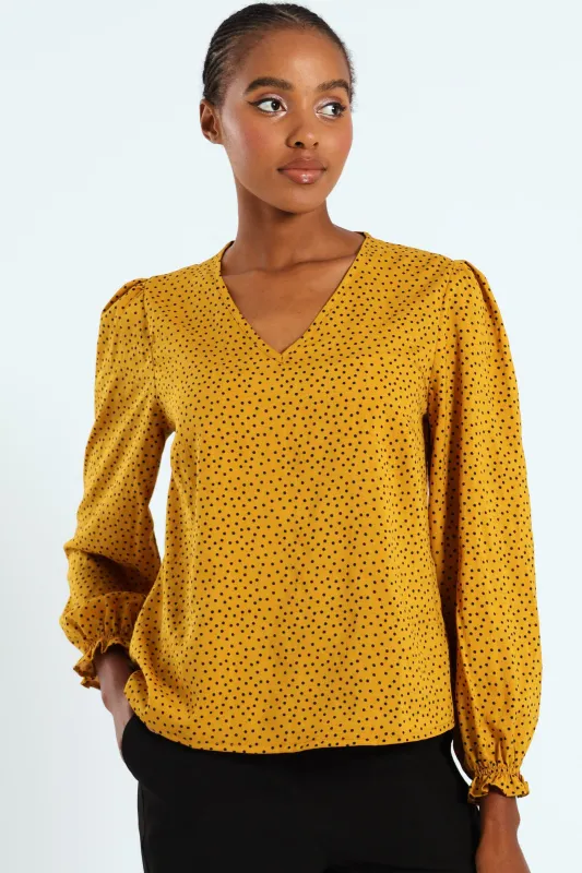 V-Neck Puff Sleeve Blouse - Mustard sold by Edgars