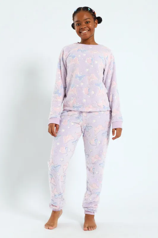 Girls Glow In The Dark Stars Long Sleeve Sleep Set - Purple/Pink sold by Edgars