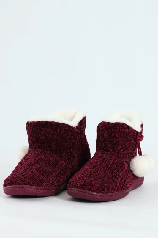 Cable Knit Slipper Bootie With Pompoms sold by Edgars