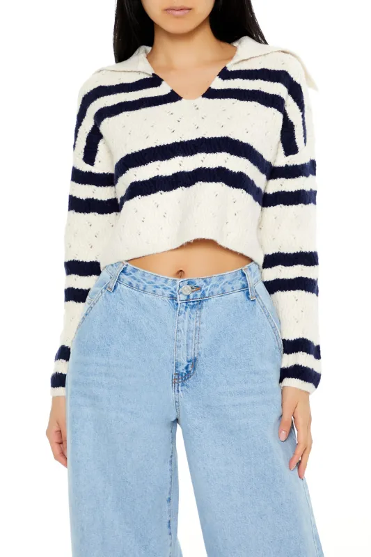 Cropped Striped Pullover Sweater - White/Blue made by Forever 21