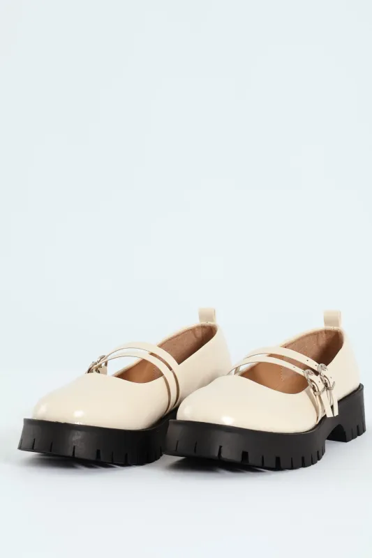 Chunky Double Strap Patent Mary Jane Loafer - Cream sold by Edgars