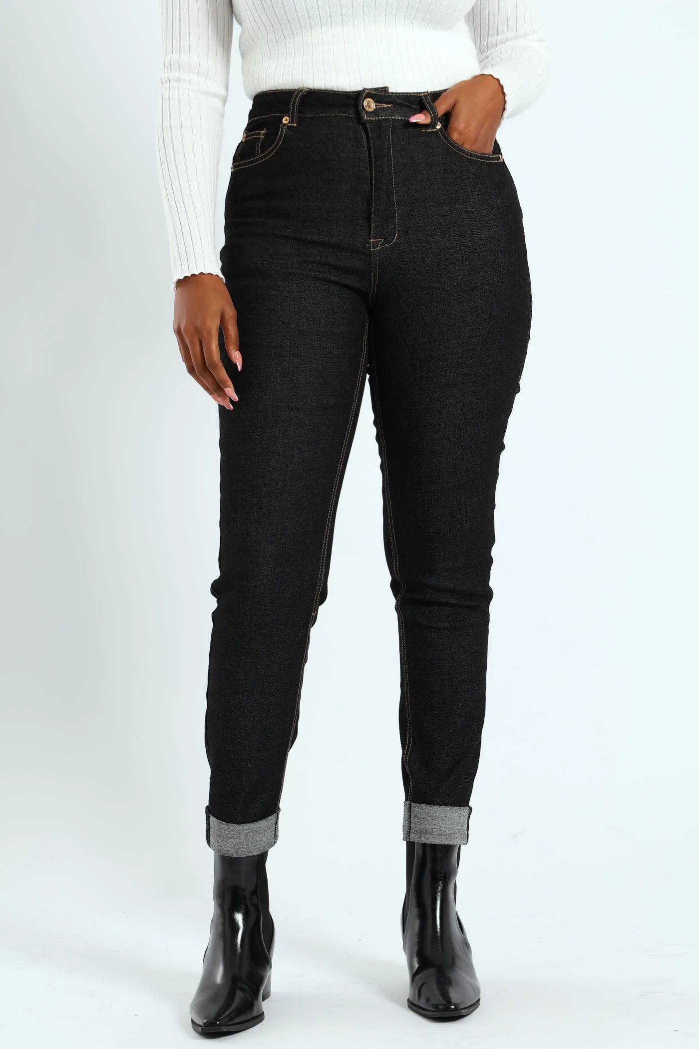 Roll Hem Crease Front Cigarette Denim - Black sold by Edgars