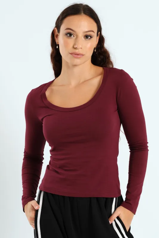 Long Sleeve Scoop Neck Basic Knit Top - Burgundy sold by Edgars