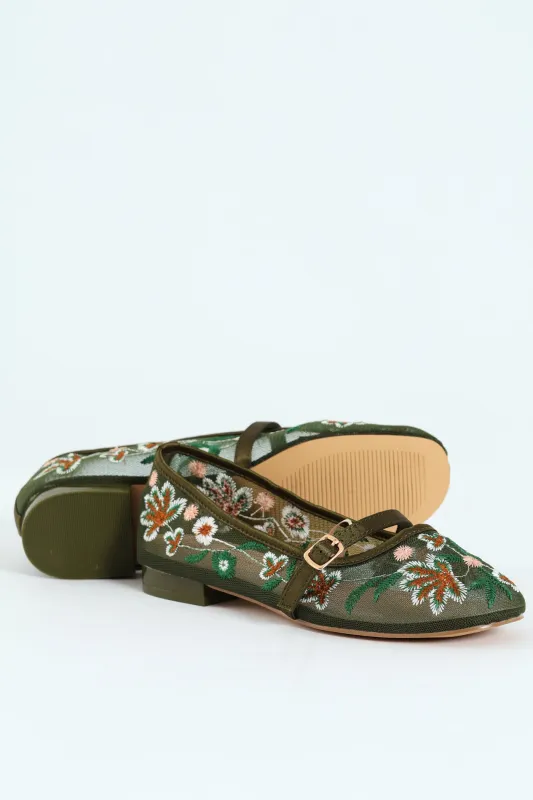 Embroidered Mesh Mary Jane Pump - Olive sold by Edgars 