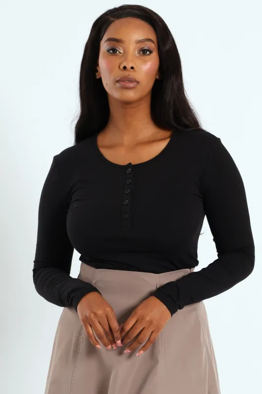 Long Sleeve Henley Top - Black sold by Edgars