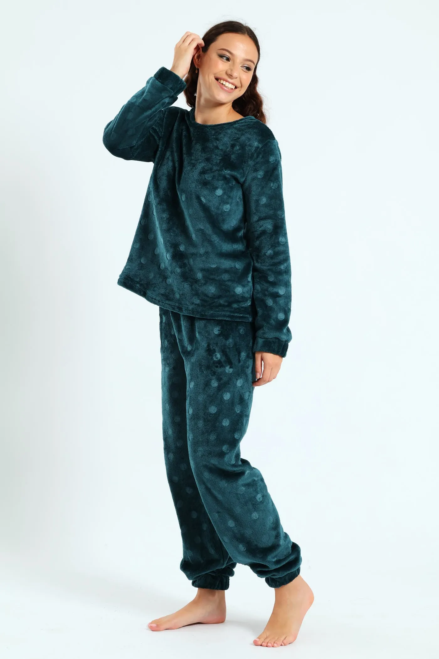 Velour Spot Embossed Long Sleeve Top & Pants Set - Dark Green sold by Edgars