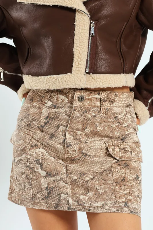 Snake Skin Cargo Mini Skirt - Stone sold by Edgars