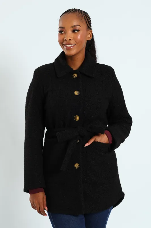 Belted Button Through Boucle Shacket - Black sold by Edgars