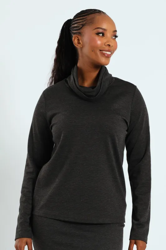 Long Sleeve Roll Neck Ponti Top - Charcoal Melange sold by Edgars