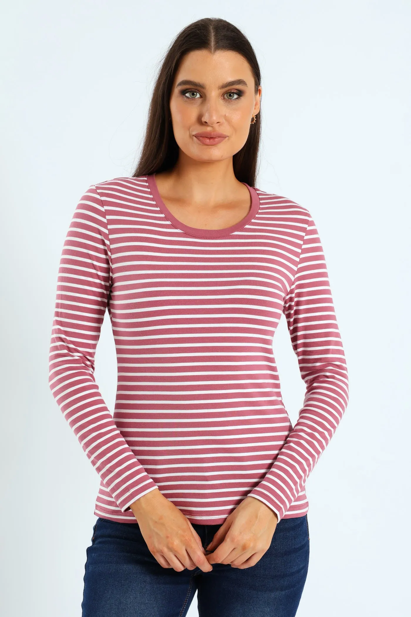 Long Sleeve Cotton Lycra Striped Crew Top - Rose/Cream sold by Edgars