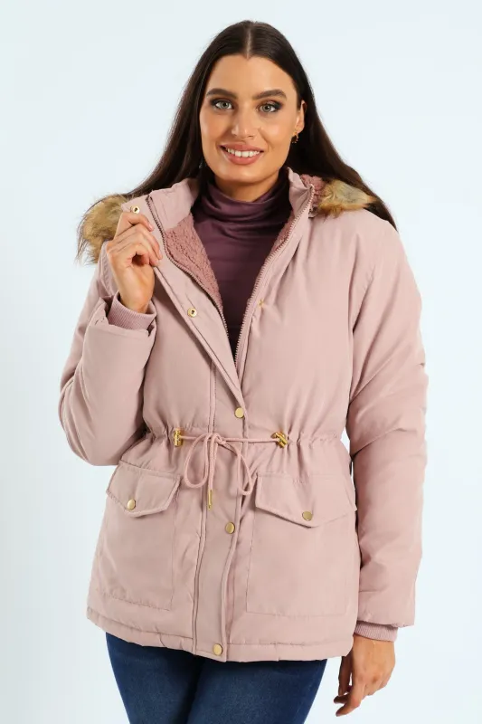 Utility Pocket Fur Trim Parka With Detachable Hood - Mauve sold by Edgars