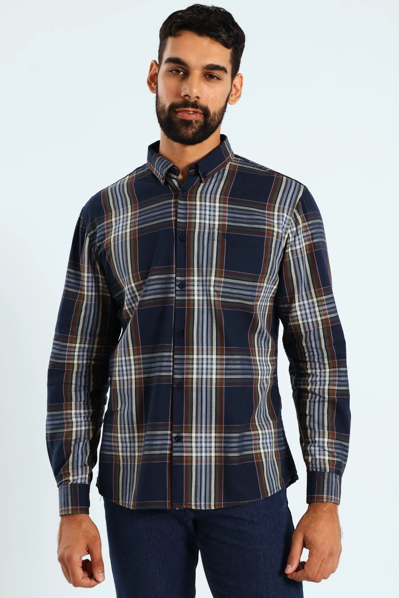 Windowpane Check Shirt - Navy/Brown sold by Edgars