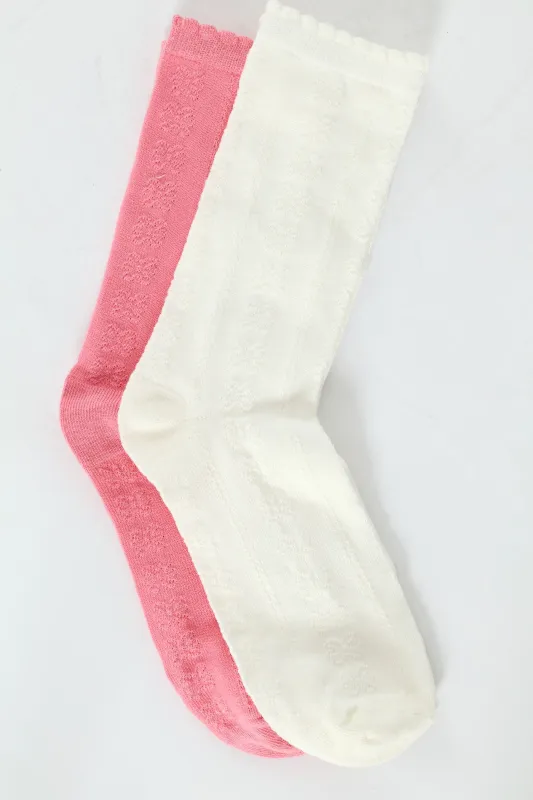 2 Pack Jacquard Flowers Crew Socks - White/Pink sold by Edgars