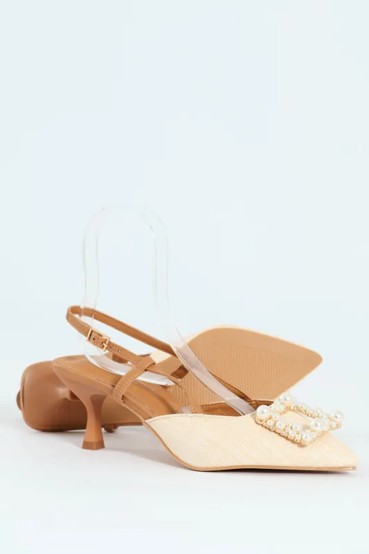 Raffia Slingback With Diamante Kitten Heel - Off White sold by Edgars