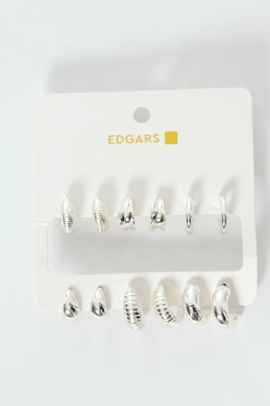 6 Pack Text Hoop Earrings - Silver sold by Edgars
