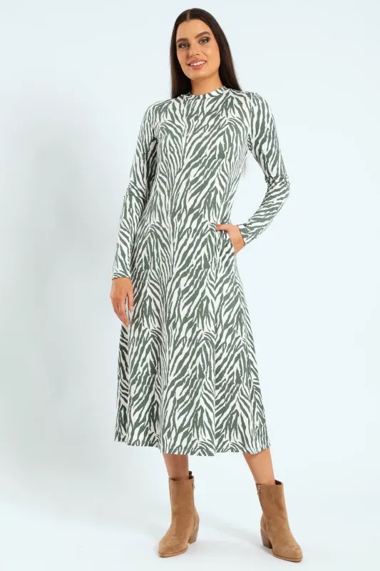 Printed A-Line Midaxi Dress - Fatigue/Cream sold by Edgars