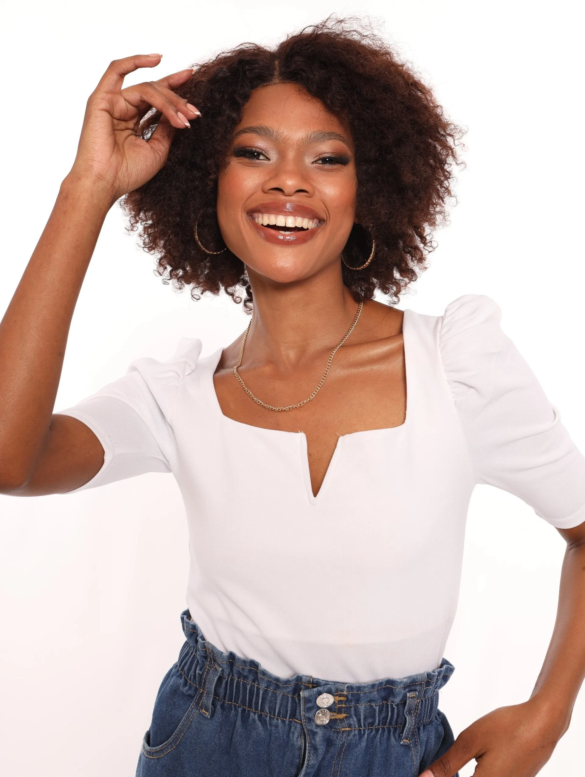Ladies Puff Sleeve V Prong Top - White sold by Edgars