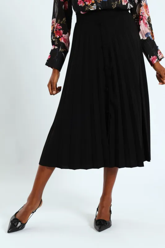 Button Through Pleated Midi Skirt - Black sold by Edgars