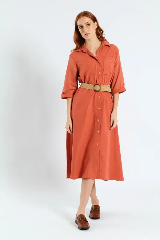 3/4 Sleeve Raffia Belt Midaxi Shirt Dress - Terracotta sold by Edgars