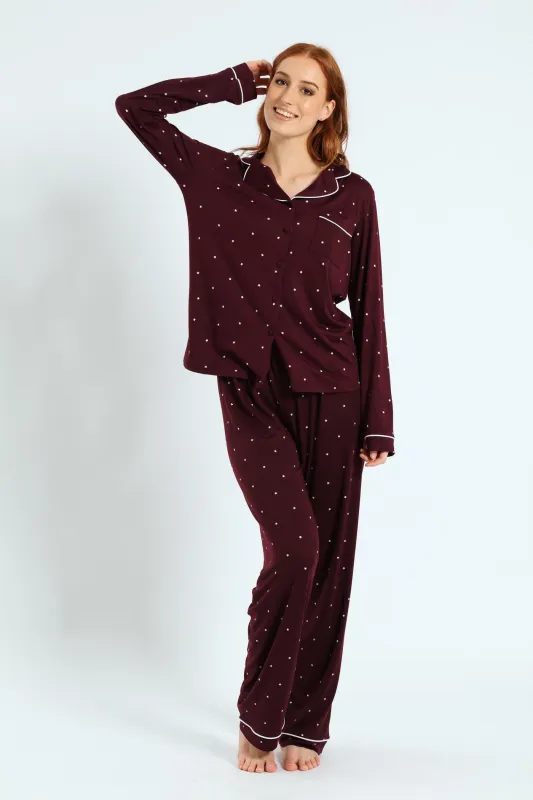 Long Sleeve Button Through & Pant Stars Soft Touch Set - Burgundy sold by Edgars