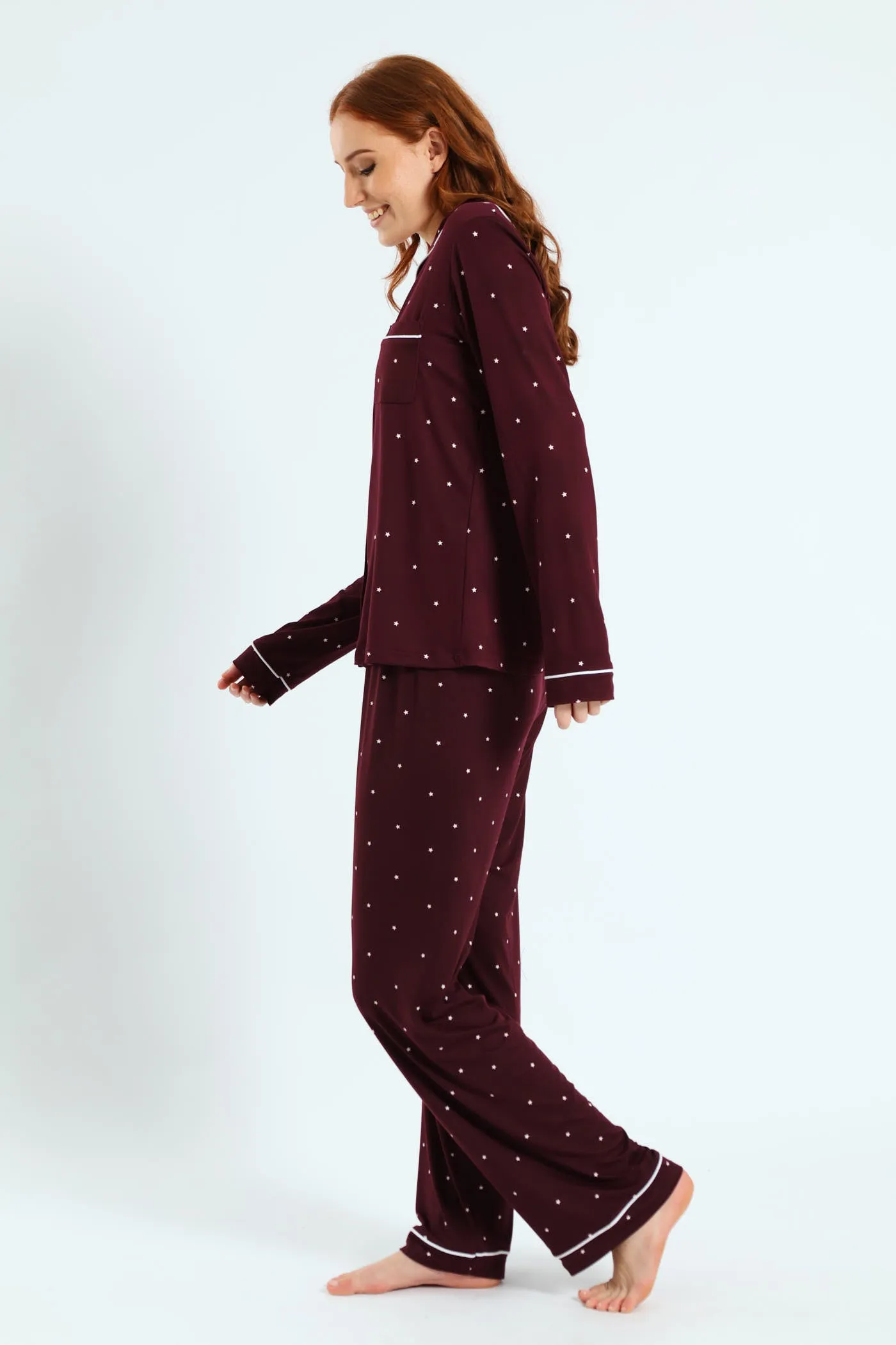 Long Sleeve Button Through & Pant Stars Soft Touch Set - Burgundy sold by Edgars product image thumbnail 2
