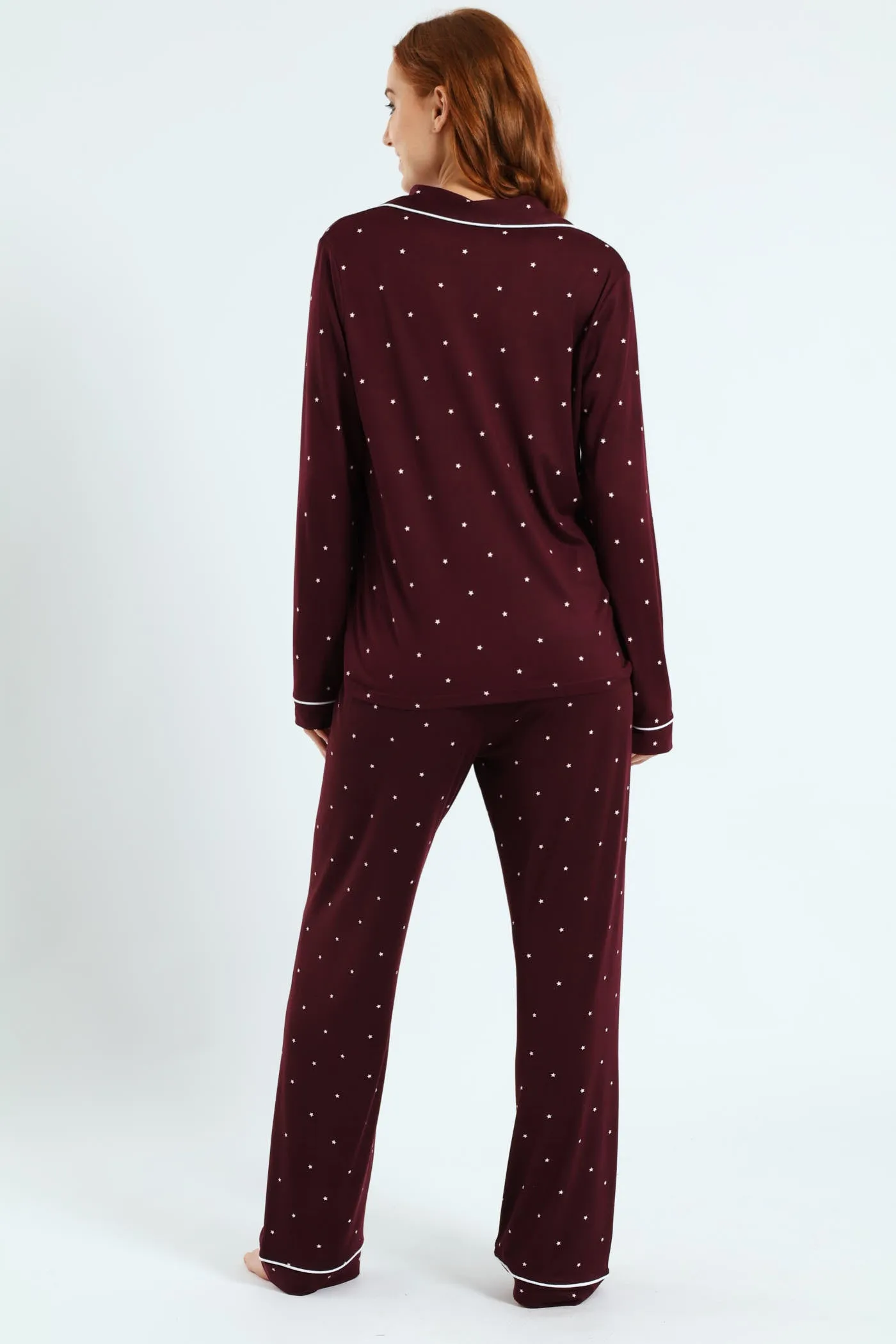 Long Sleeve Button Through & Pant Stars Soft Touch Set - Burgundy sold by Edgars product image thumbnail 3