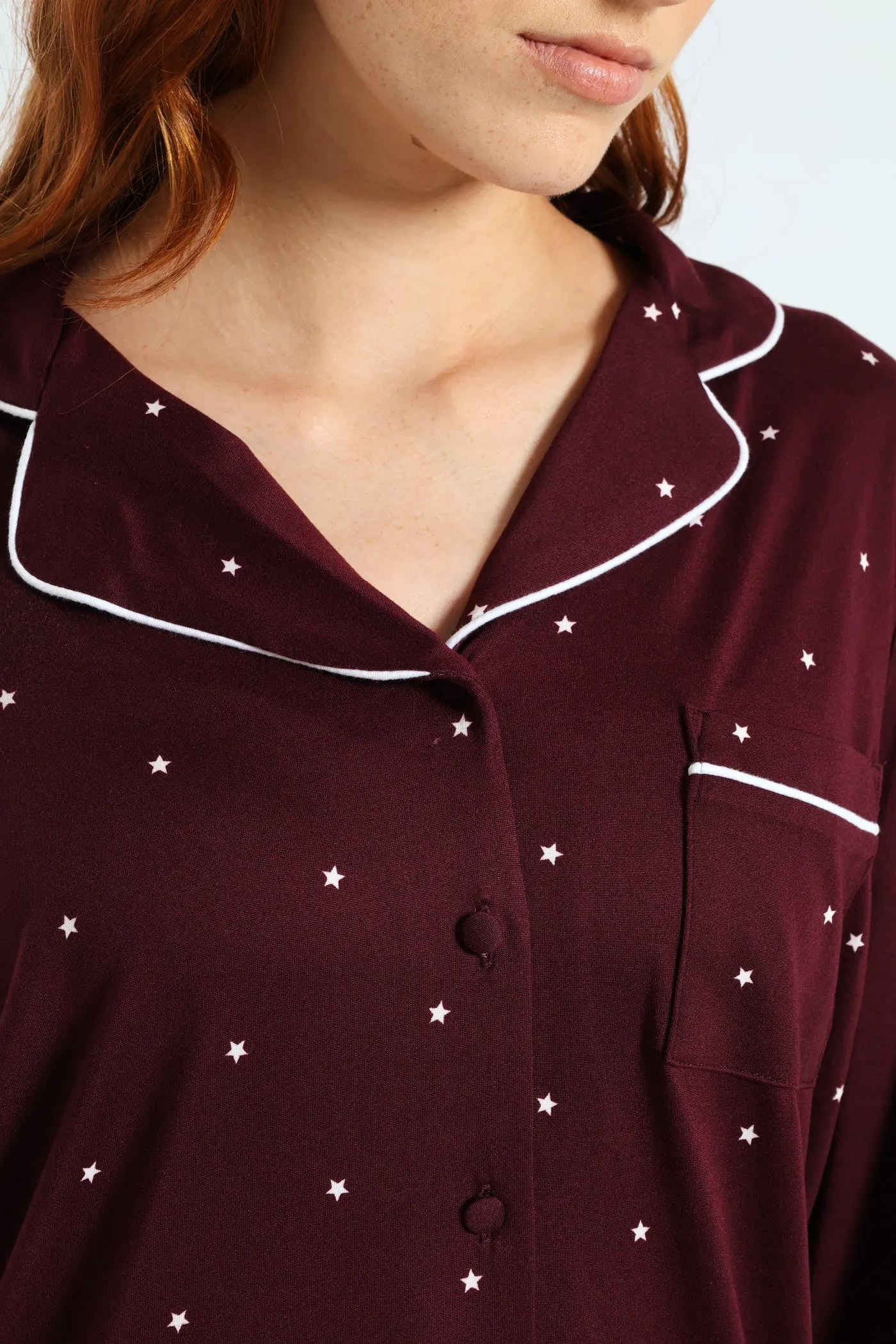 Long Sleeve Button Through & Pant Stars Soft Touch Set - Burgundy sold by Edgars product image thumbnail 4