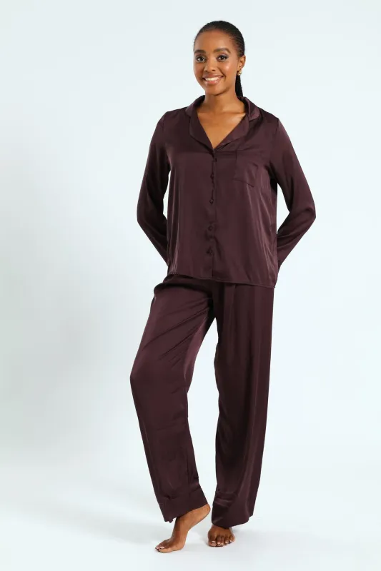 Long Sleeve Button Through Satin Top & Pant Set - Chocolate sold by Edgars