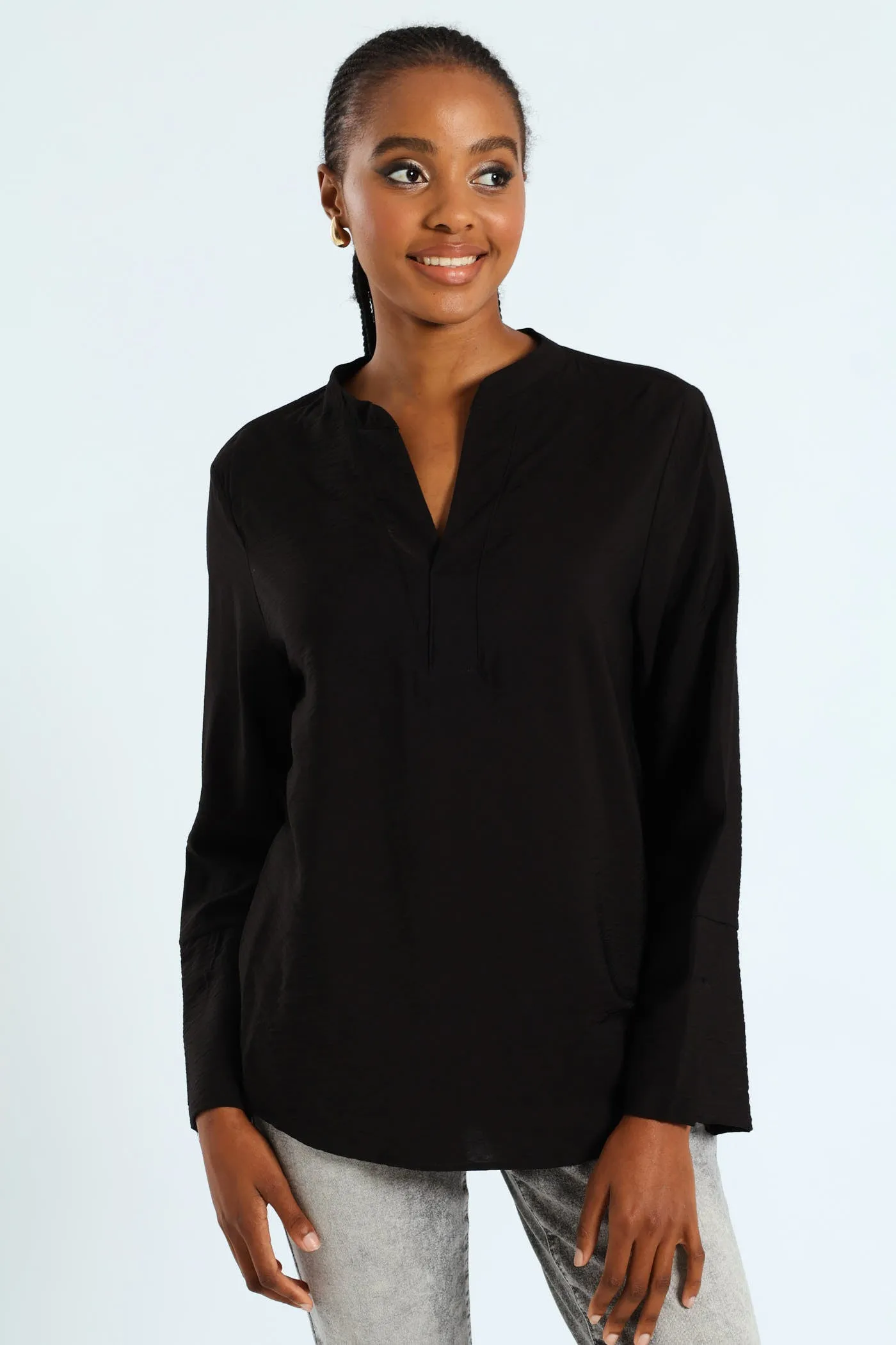 Half Placket Popover Blouse - Black sold by Edgars