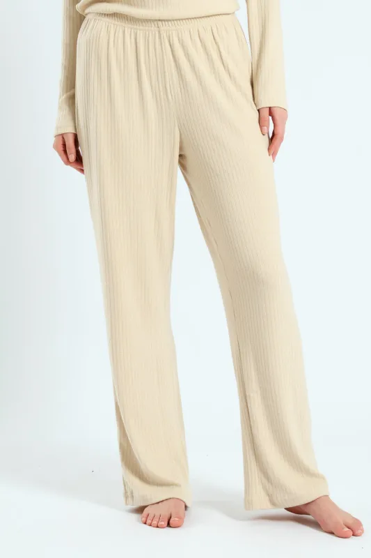 Straight Leg Brushed Rib Pant - Beige sold by Edgars