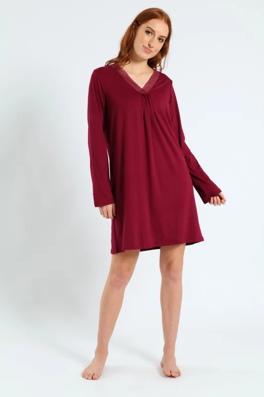 2 Pack Lace Detail Long Sleeve Soft Touch Sleep Shirt - Pink/Burgundy sold by Edgars