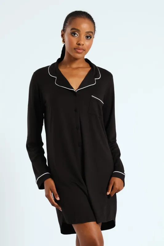 Long Sleeve Button Through Soft Touch Sleep Shirt - Black sold by Edgars