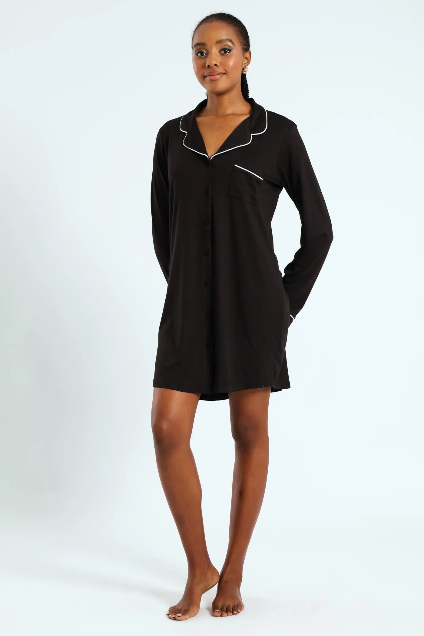 Long Sleeve Button Through Soft Touch Sleep Shirt - Black sold by Edgars product image thumbnail 2