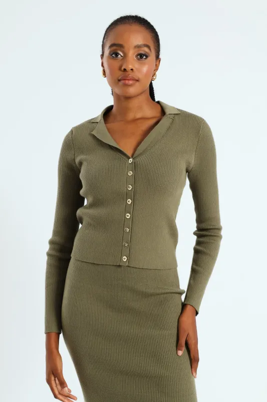 Collared Button Through Knitwear Top - Artichoke Green sold by Edgars