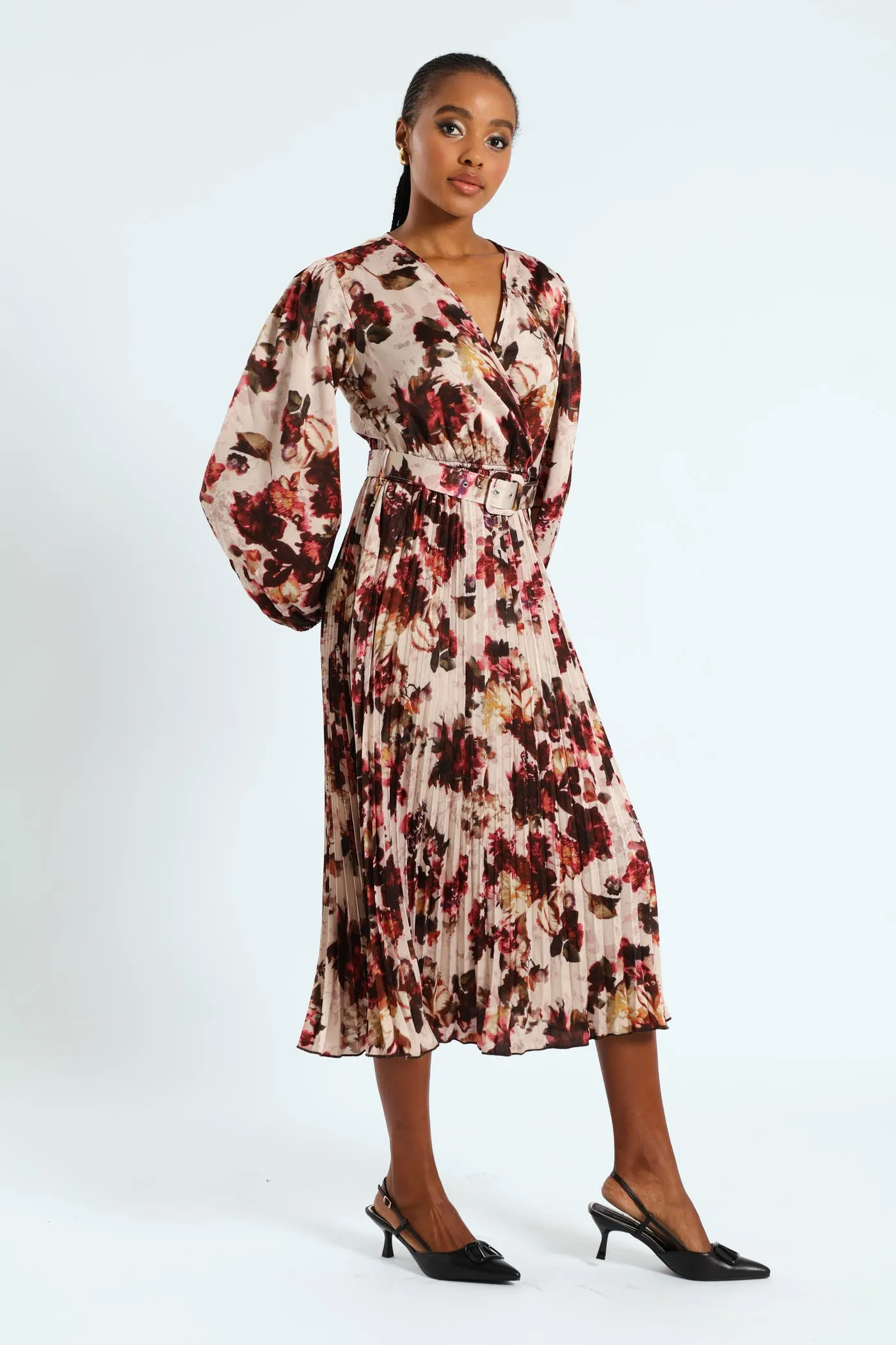 Pleated Satin Belted Wrap Maxi Dress - Cream sold by Edgars product image thumbnail 2