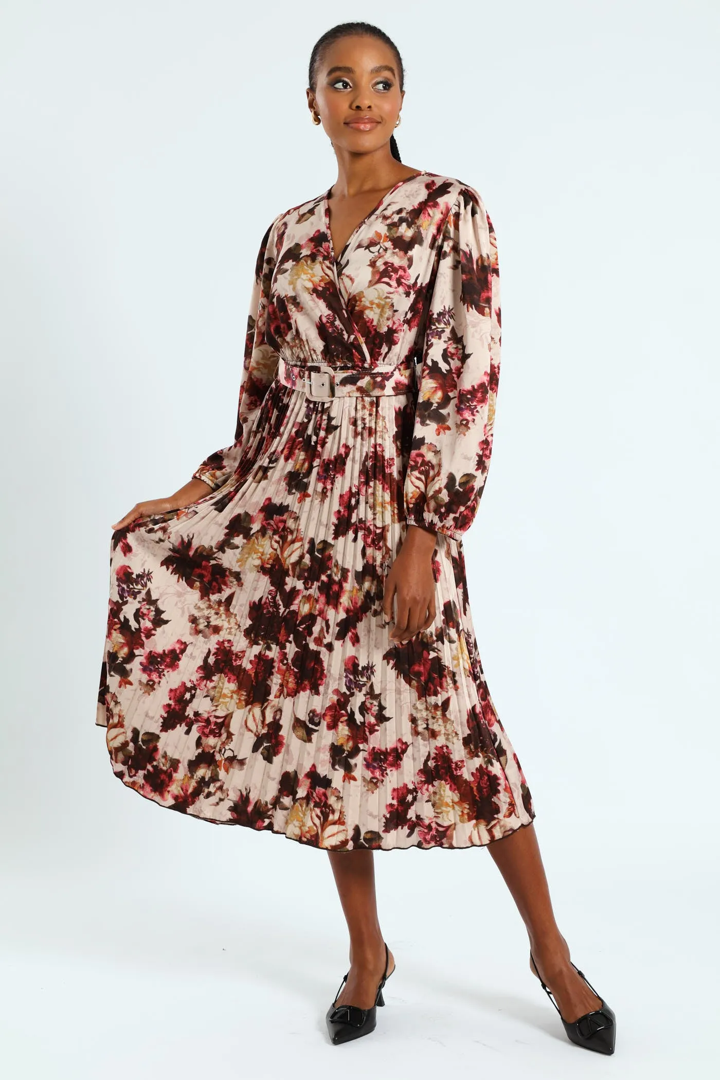 Pleated Satin Belted Wrap Maxi Dress - Cream sold by Edgars