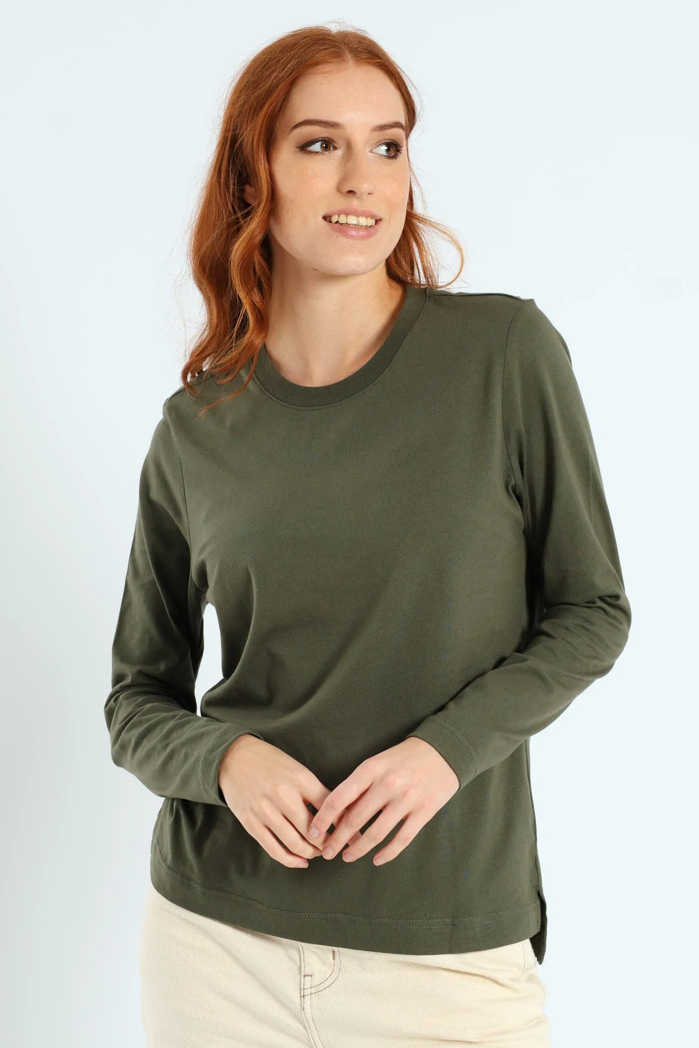 Long Sleeve Boxy Step Hem Crewneck Top - Military Green sold by Edgars