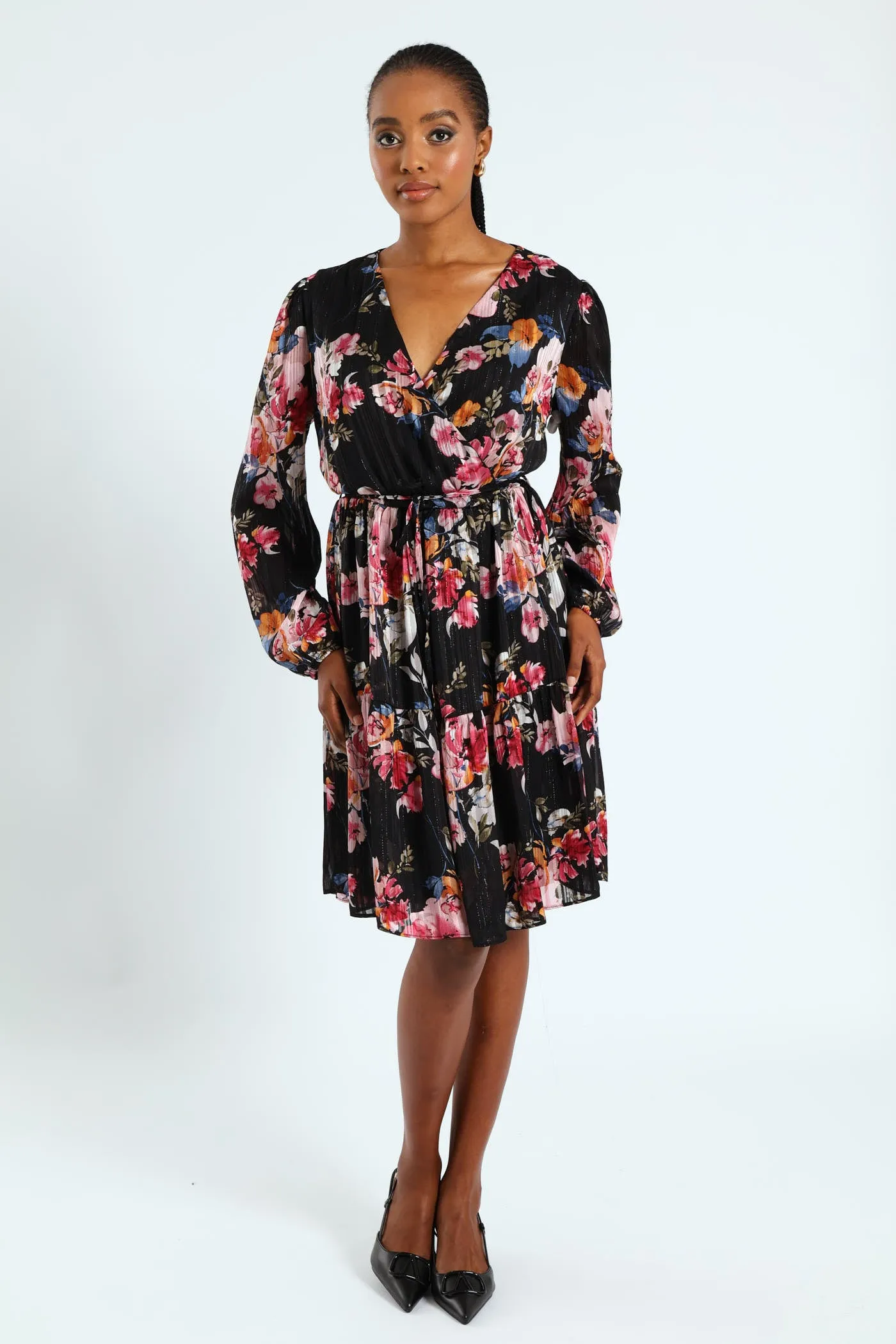 Wrap Waisted Frill Hem Tea Dress - Black sold by Edgars