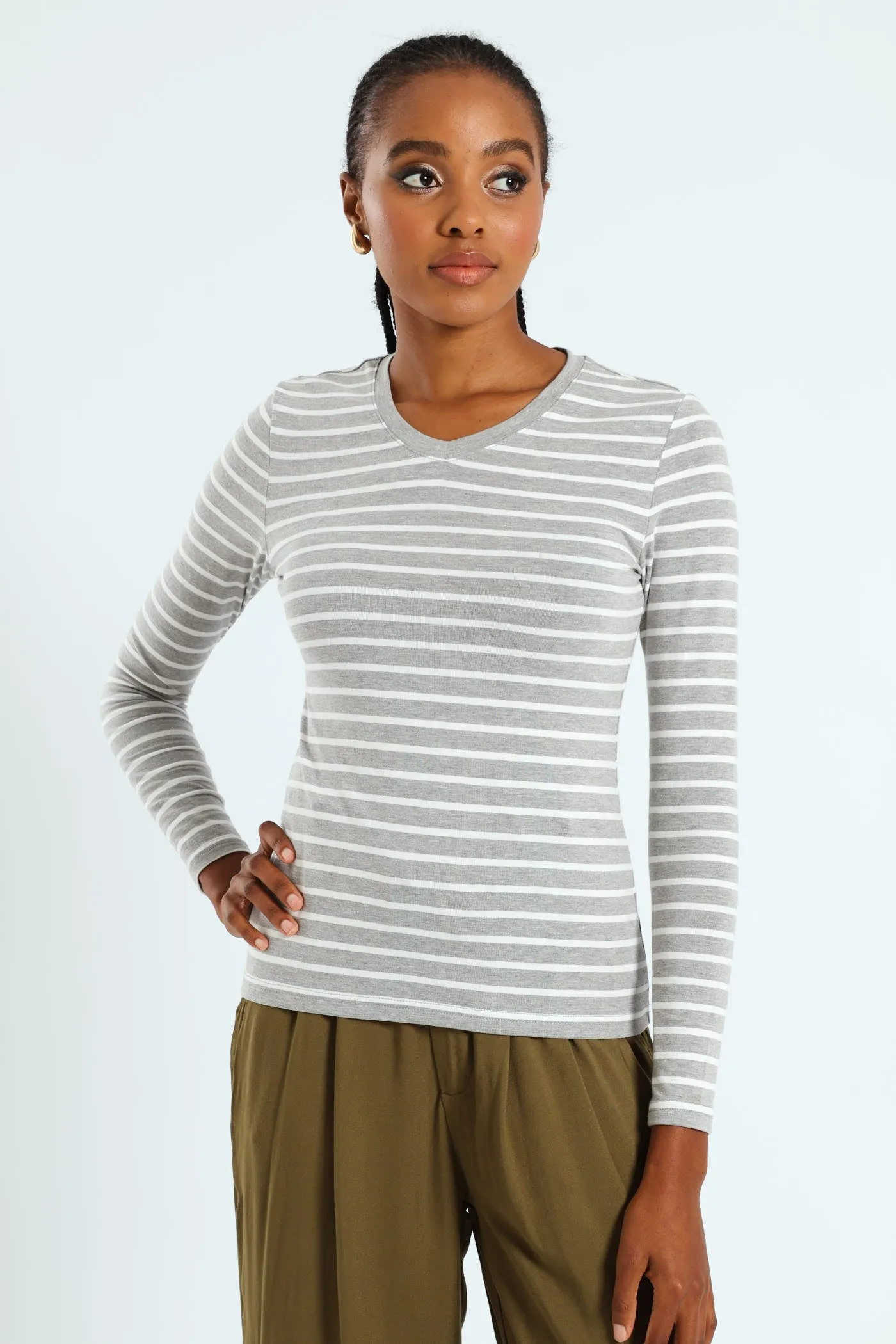 Long Sleeve Cotton Lycra Striped Tee - Grey/White sold by Edgars