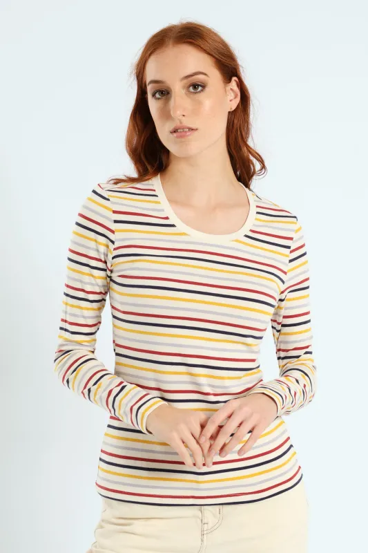Long Sleeve Cotton Lycra Striped Crew Top sold by Edgars