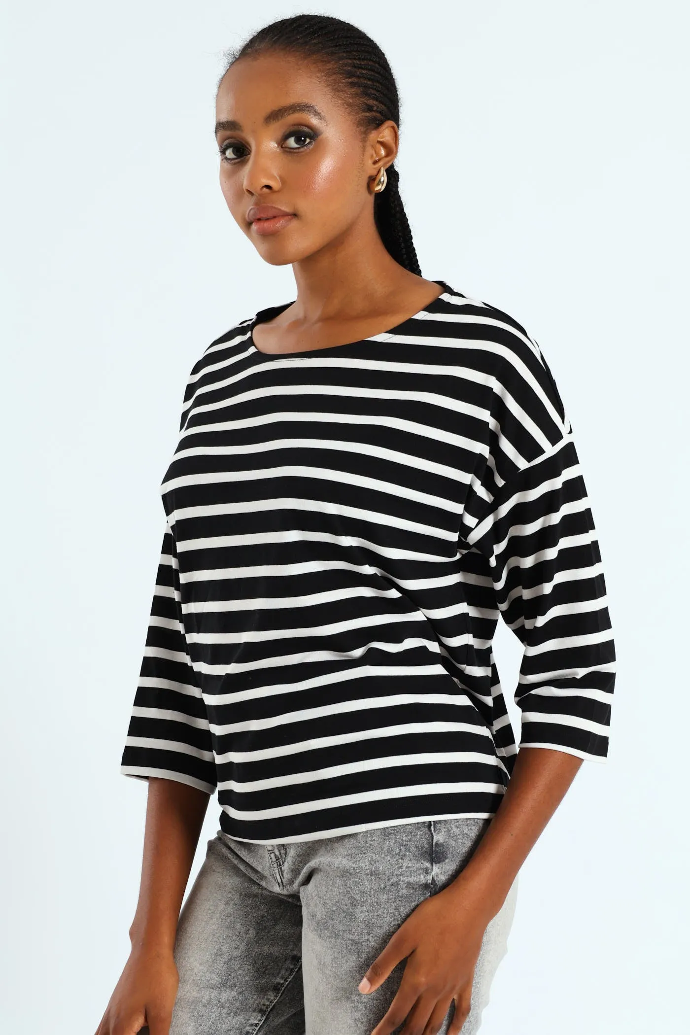 3/4 Sleeve Striped Slouchy Boatneck Top - Black/White sold by Edgars