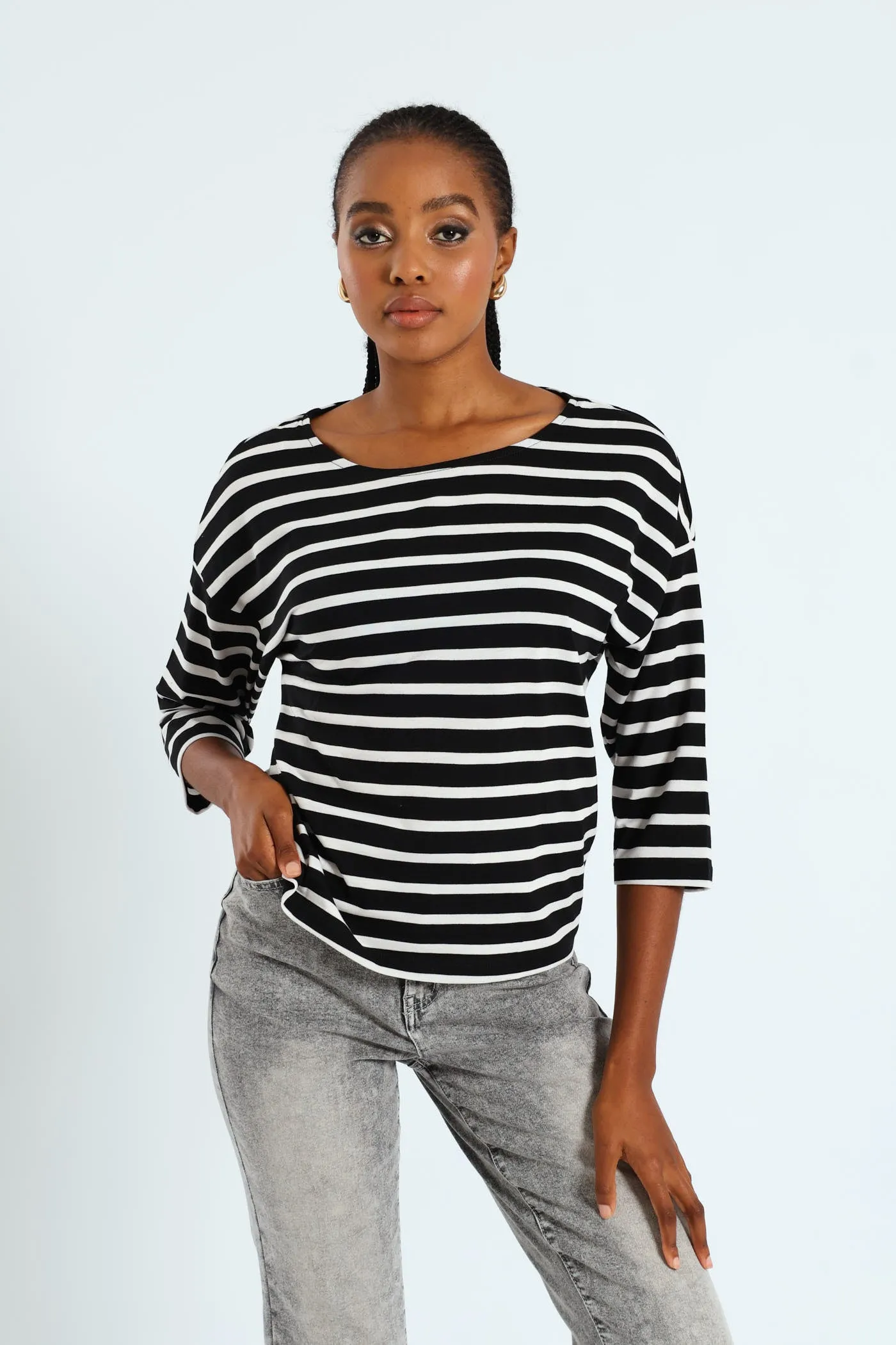 3/4 Sleeve Striped Slouchy Boatneck Top - Black/White sold by Edgars product image thumbnail 3