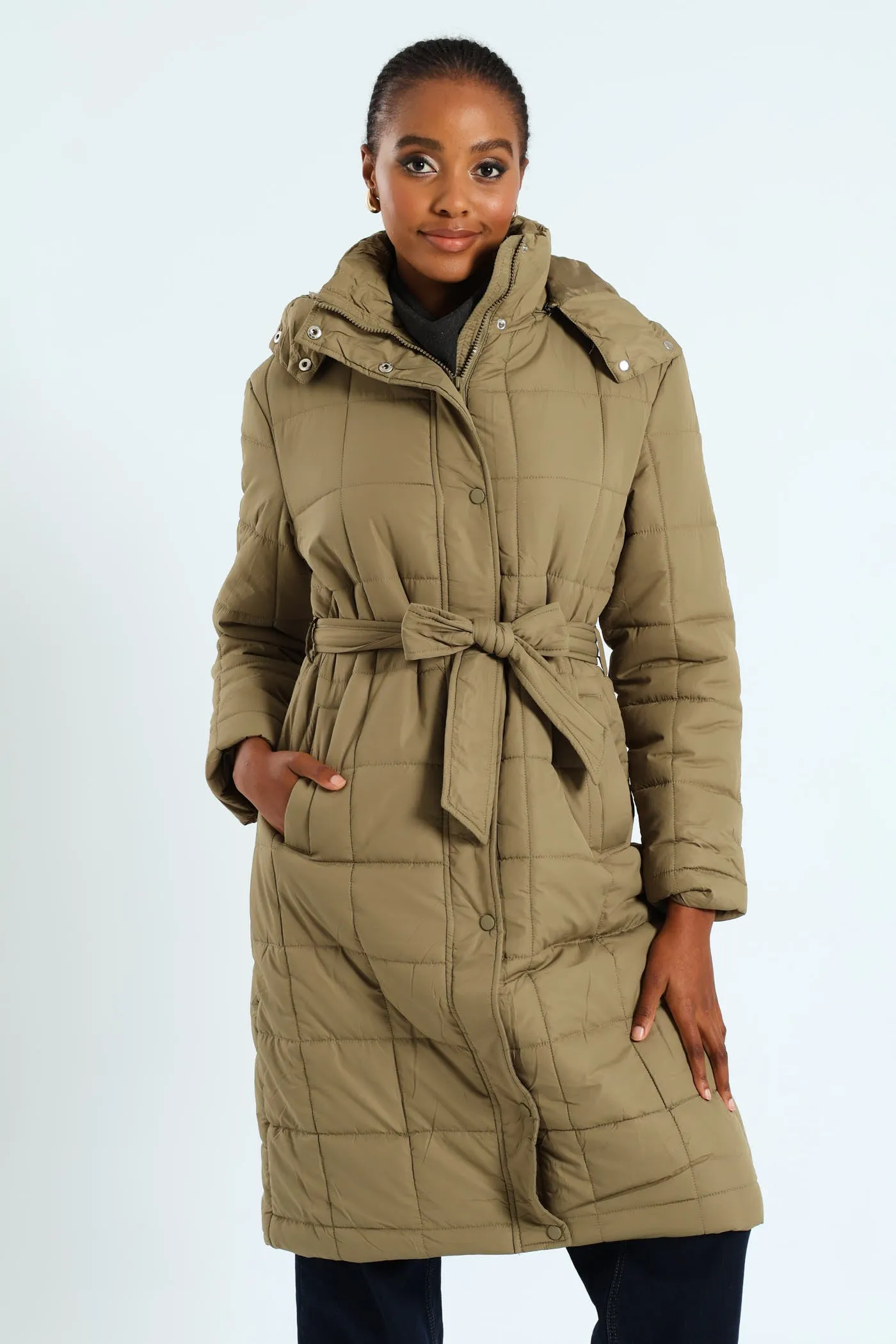 Long Length Belted Padded Puffer Jacket - Green sold by Edgars